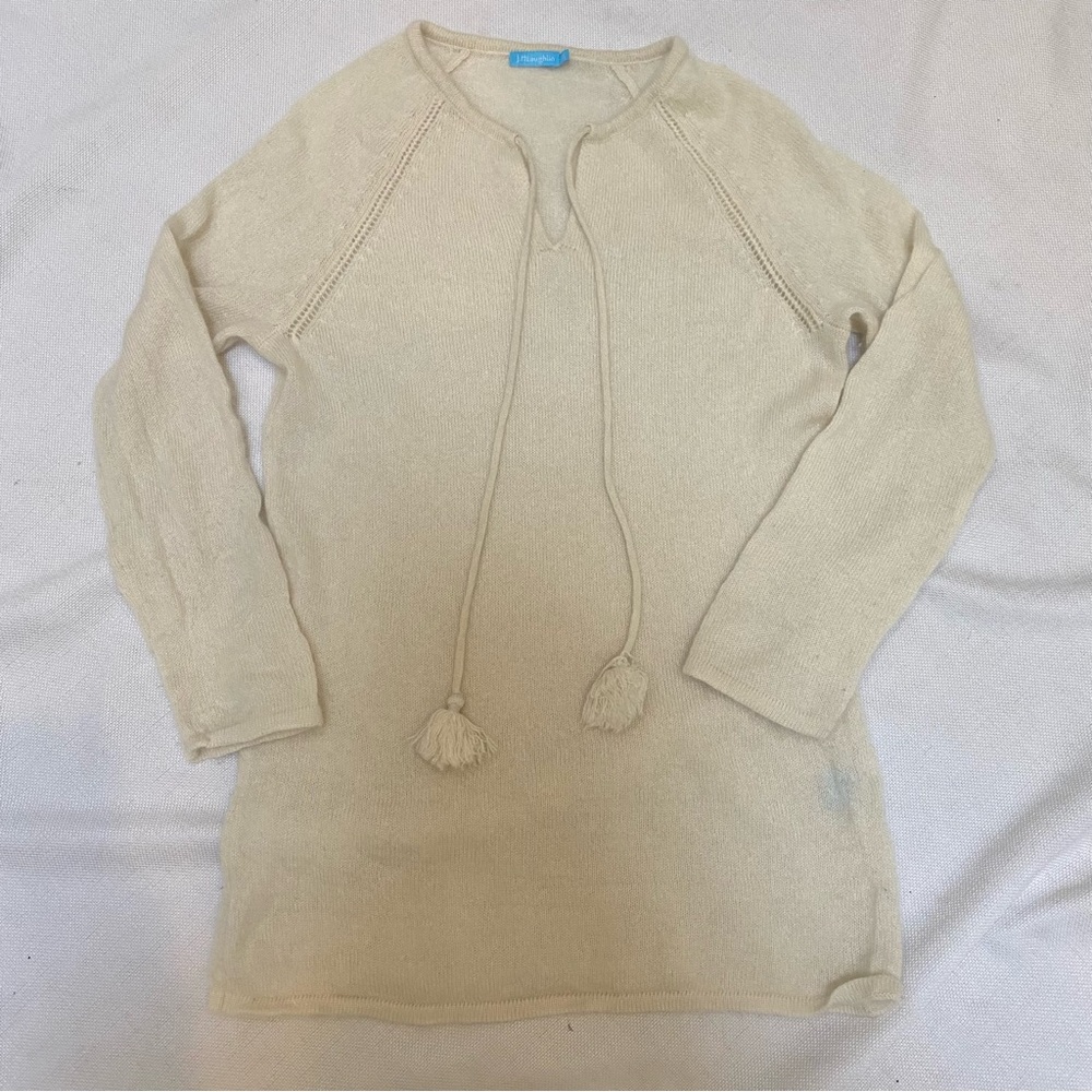 j mclaughlin Cream 100 % Cashmere Sweater V Neck Tassel Tie Cutout Detail XS